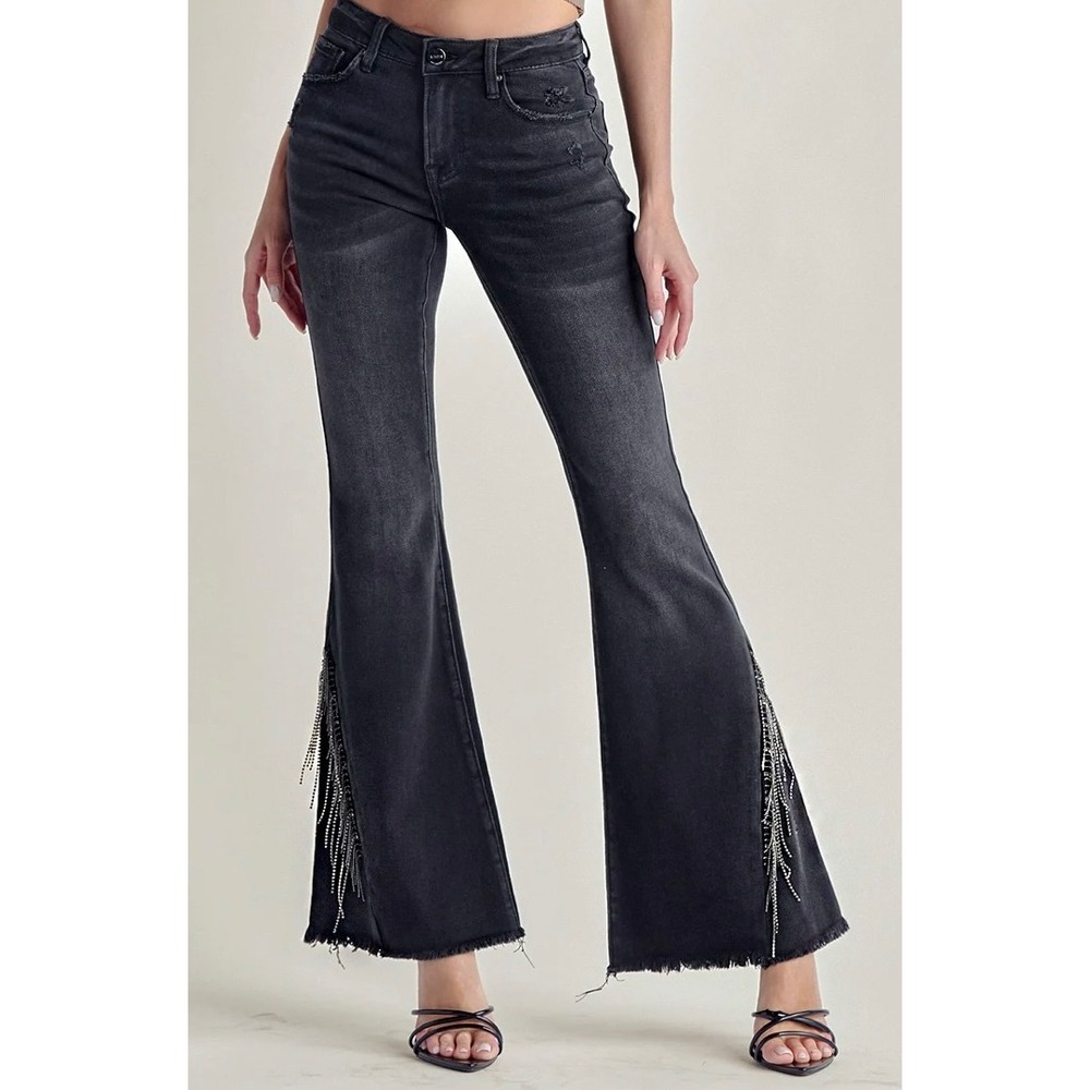 Risen Jeans Black Distressed Flare Rhinestone Chain Fringe Jeans Size 0/24 - Picture 15 of 16